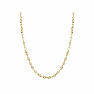 14K gold small puffed mariner chain necklace with 14–16" adjustable length.