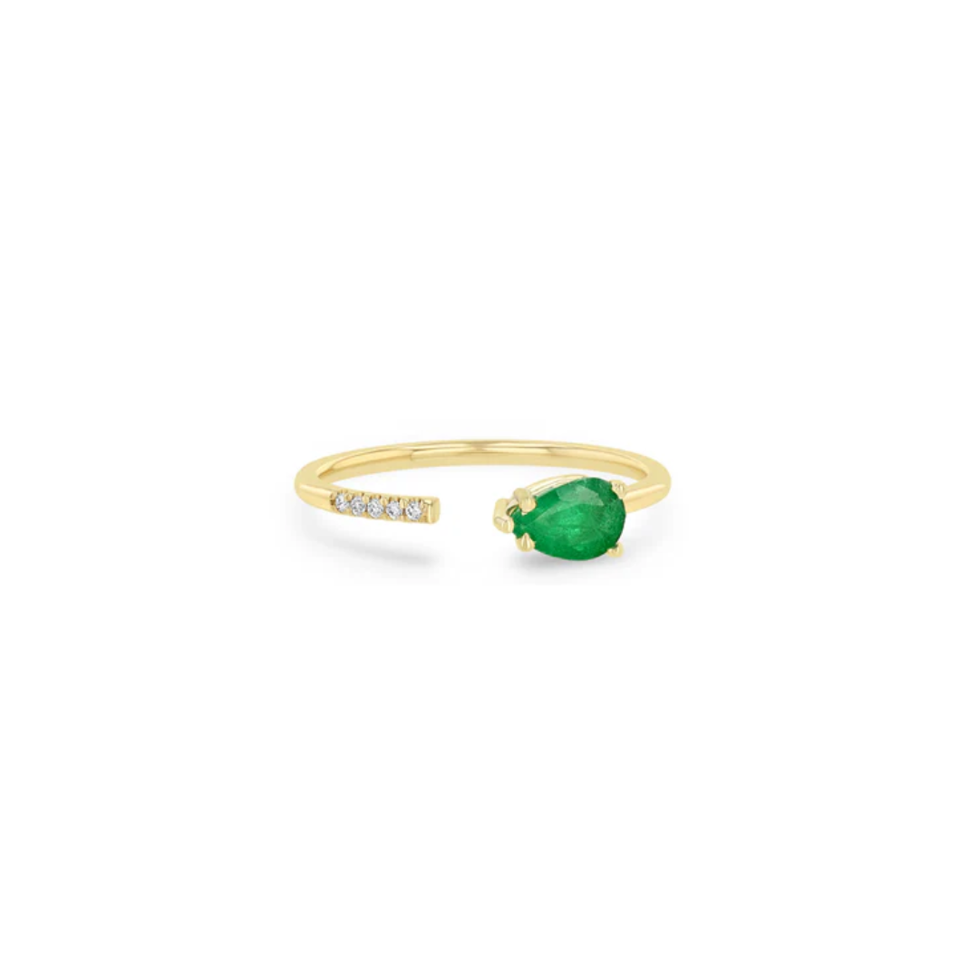 14K gold open ring with a prong-set 6x4mm pear emerald on one side and 5 French pavé diamonds on the other
