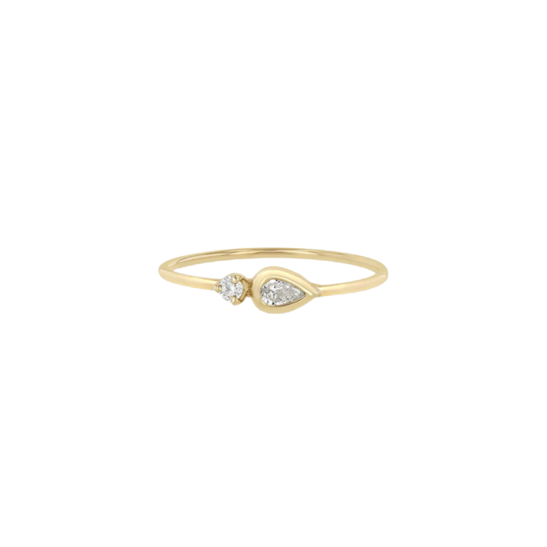 14K gold ring with bezel-set 4x2.5mm horizontal pear diamond and prong-set 2mm round diamond