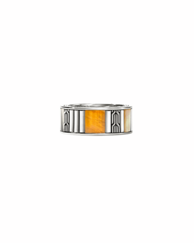 John Hardys Sterling Silver Carved Chain Color Band Ring with Tiger Eye, Pyrite and Yellow Mother of Pearl