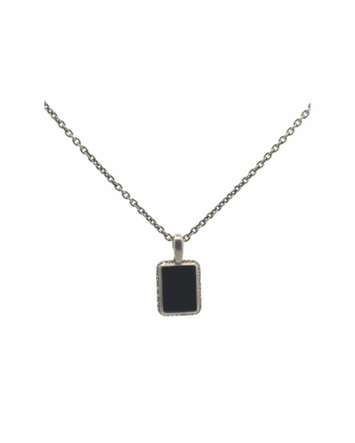 Sterling Silver Onyx Rectangle Pendant Necklace  Snakeskin Texture, Skull Clasp, 24"
