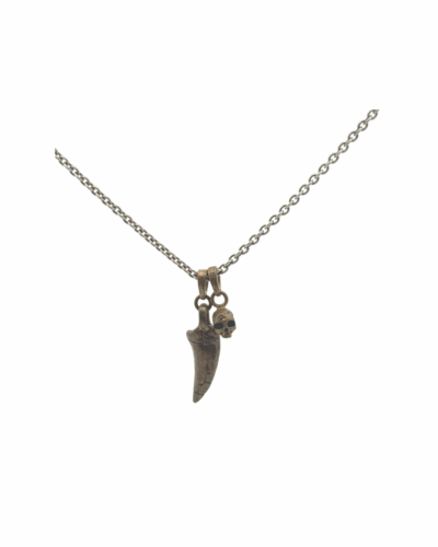 Brass T-Rex Tooth & Skull Pendant Necklace on Sterling Silver Chain  24"
