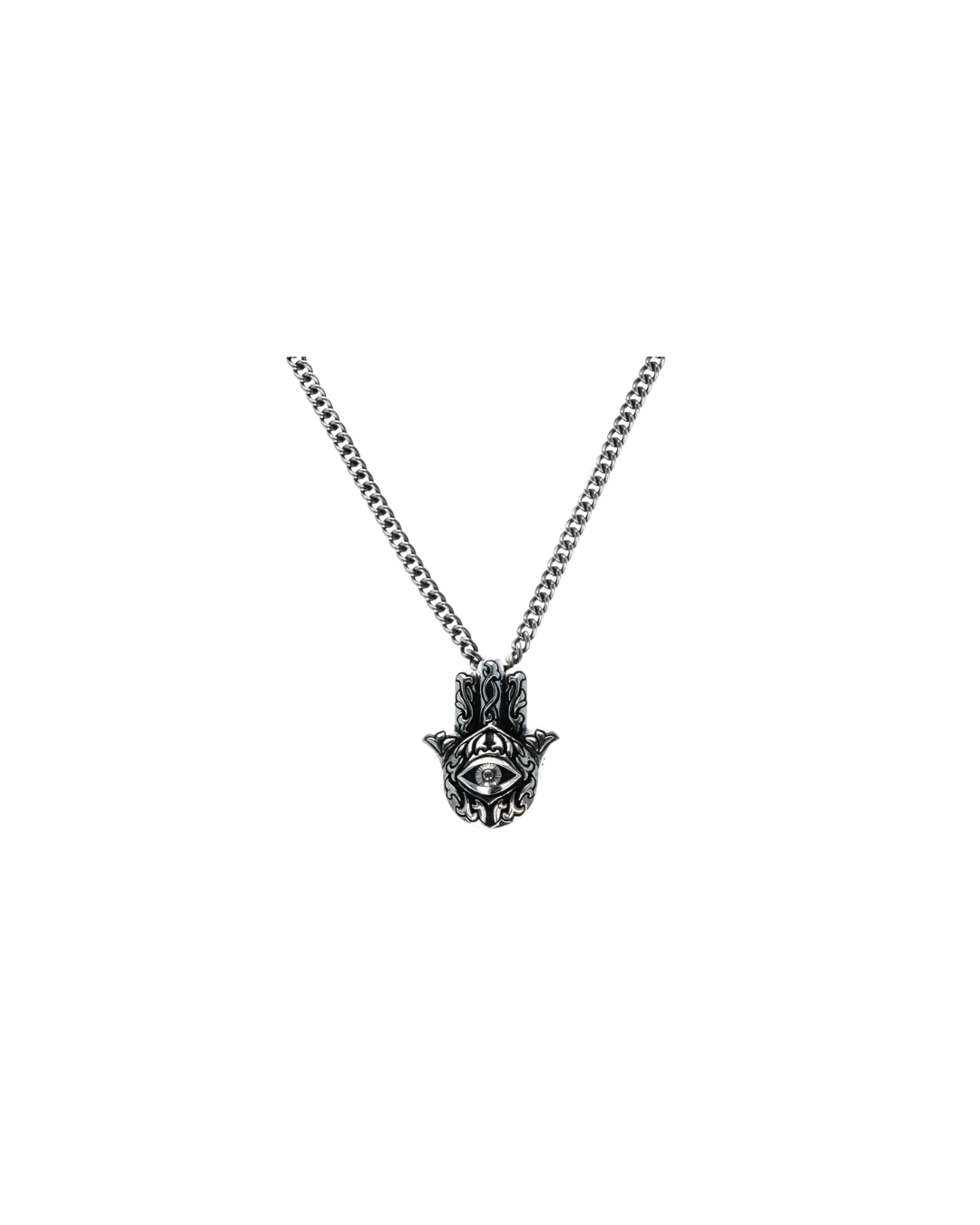 Hamsa Evil Eye Pendant Fine Curb Chain 24""