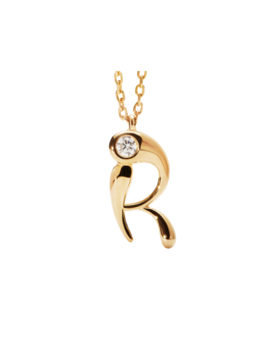 Yellow Gold Plated Sterling Silver "R" Initial Pendant Necklace with Cubic Zirconia