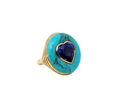 Classic Lollipop Ring -  Tanzanite Heart in Hand Carved Turquoise Size 7