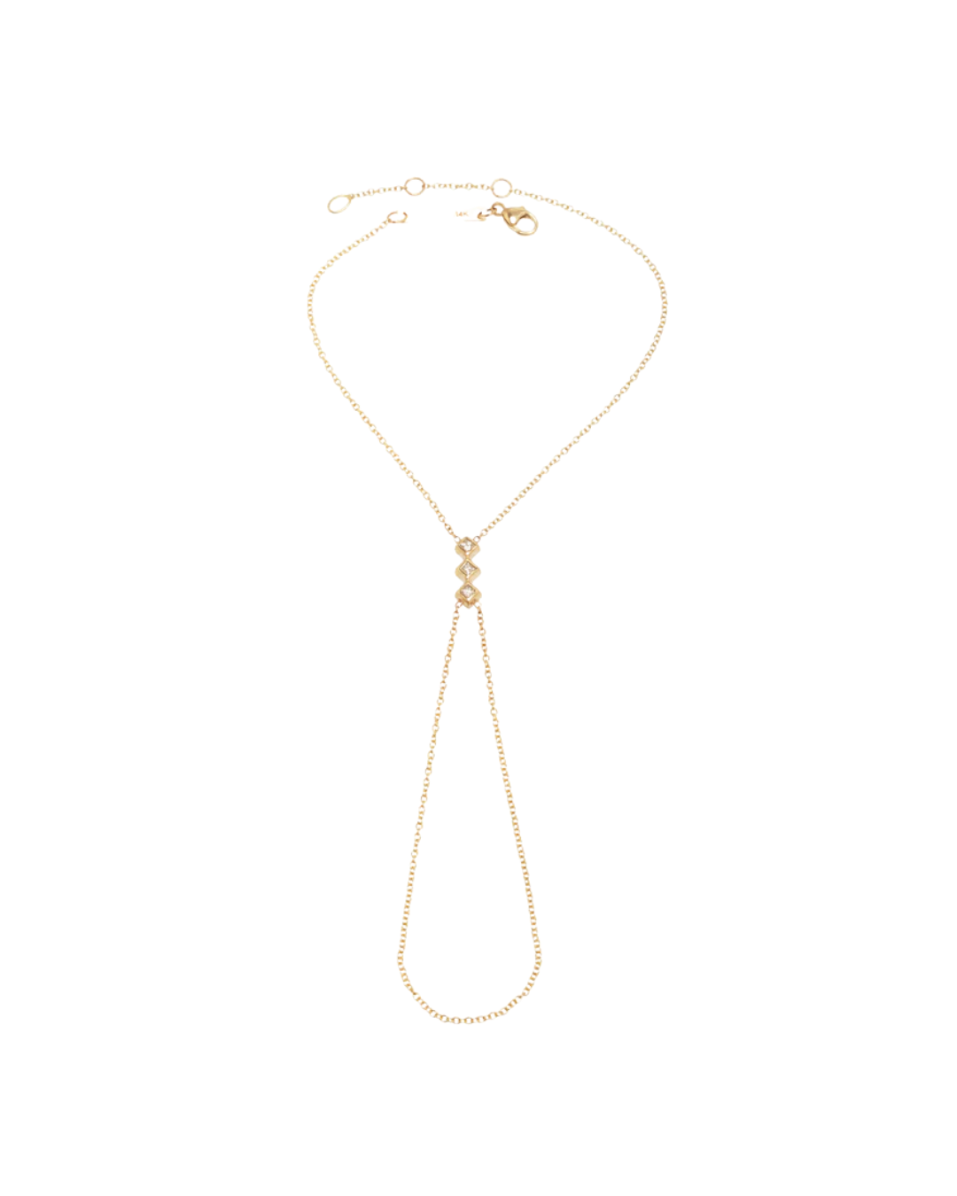 14K gold vertical 3-princess diamond bezel bar hand chain with 1.5mm white diamonds