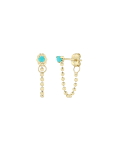 Turquoise stud chain-to-back earrings in 14K gold.