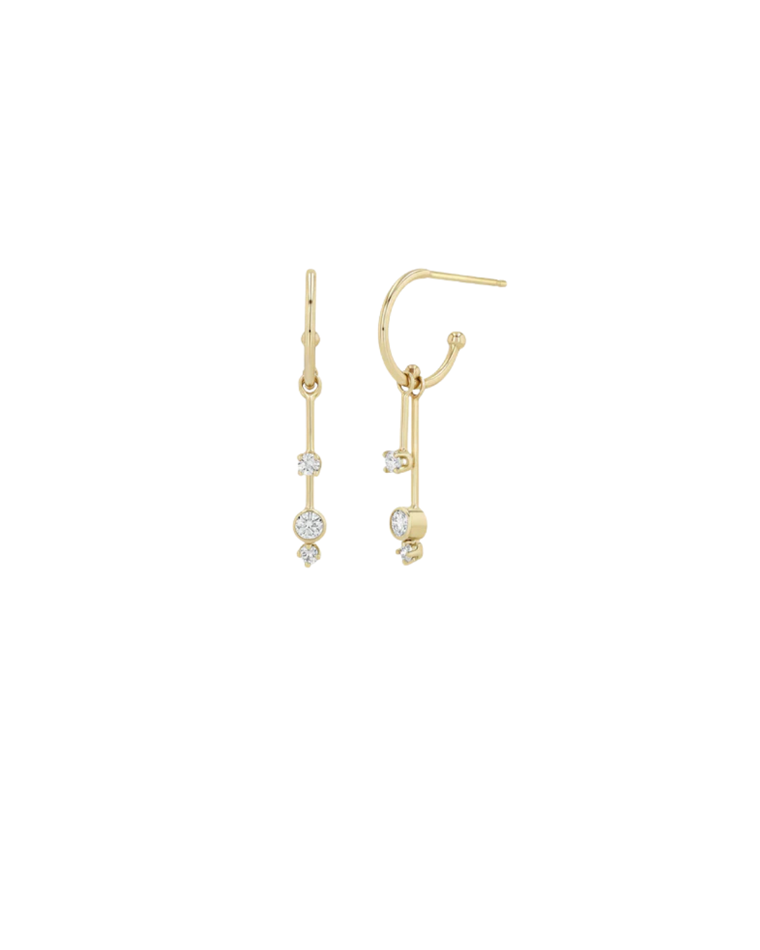 Mobile huggie hoop earrings with mixed diamond settings in 14K gold