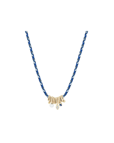 Mixed ring sapphire, diamond, and pearl paracord necklace in 14K gold