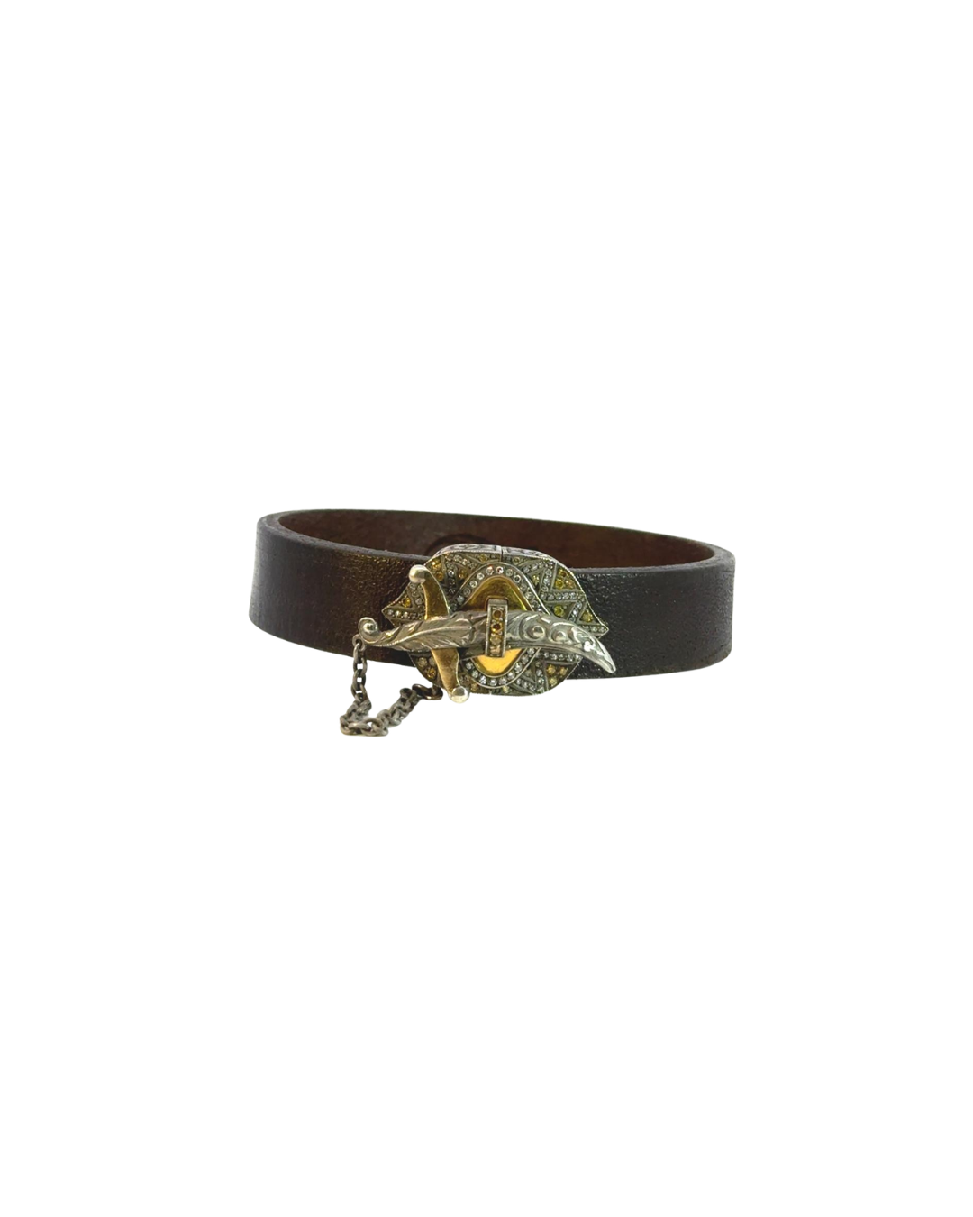 24KYG Diamond Brown Leather Sword Bracelet