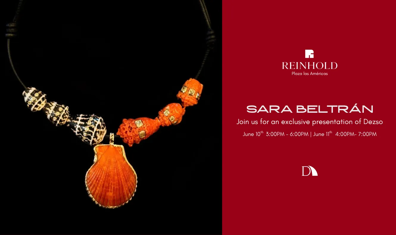 Promotional graphic for a Reinhold Plaza Las Américas event featuring a Dezso necklace with orange shell and beaded details