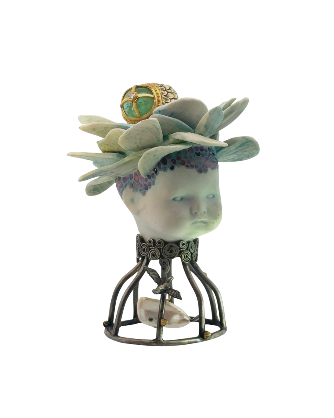 Mermaid Porcelain with green tourmaline ring size 8