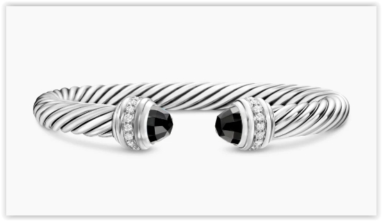 Classic Cable Bracelet in Sterling Silver with Black Onyx and Diamonds, 7mm