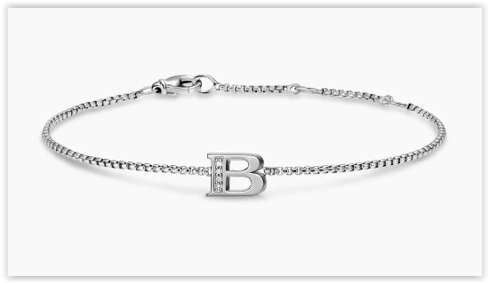 Petite Initial Chain Bracelet in Sterling Silver with Diamond B