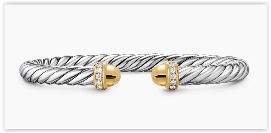 Cable Flex® Bracelet in Sterling Silver with 14K Yellow Gold Domes and Diamonds, 6mm