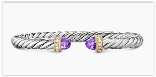 Cable Flex® Bracelet in Sterling Silver with 14K Yellow Gold, Amethyst and Diamonds, 6mm