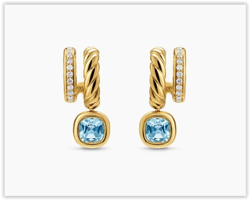 DY Mercer® Color Two Row Drop Earrings in 18K Yellow Gold with Sky Blue Topaz and Diamonds, 19.5mm