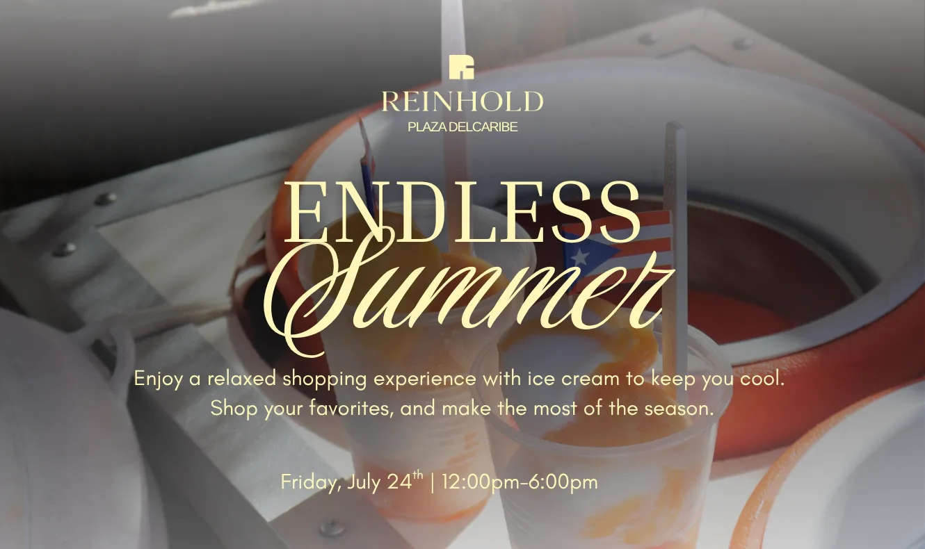 Reinhold Plaza del Caribe "Endless Summer" event invitation for July 24, showing a Puerto Rican flag and cups of orange-swirled ice cream on an ice cream cart.