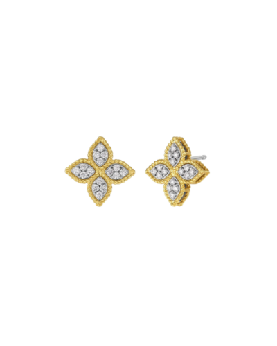18K Yellow & White Gold Princess Flower Medium Diamond Stud Earrings