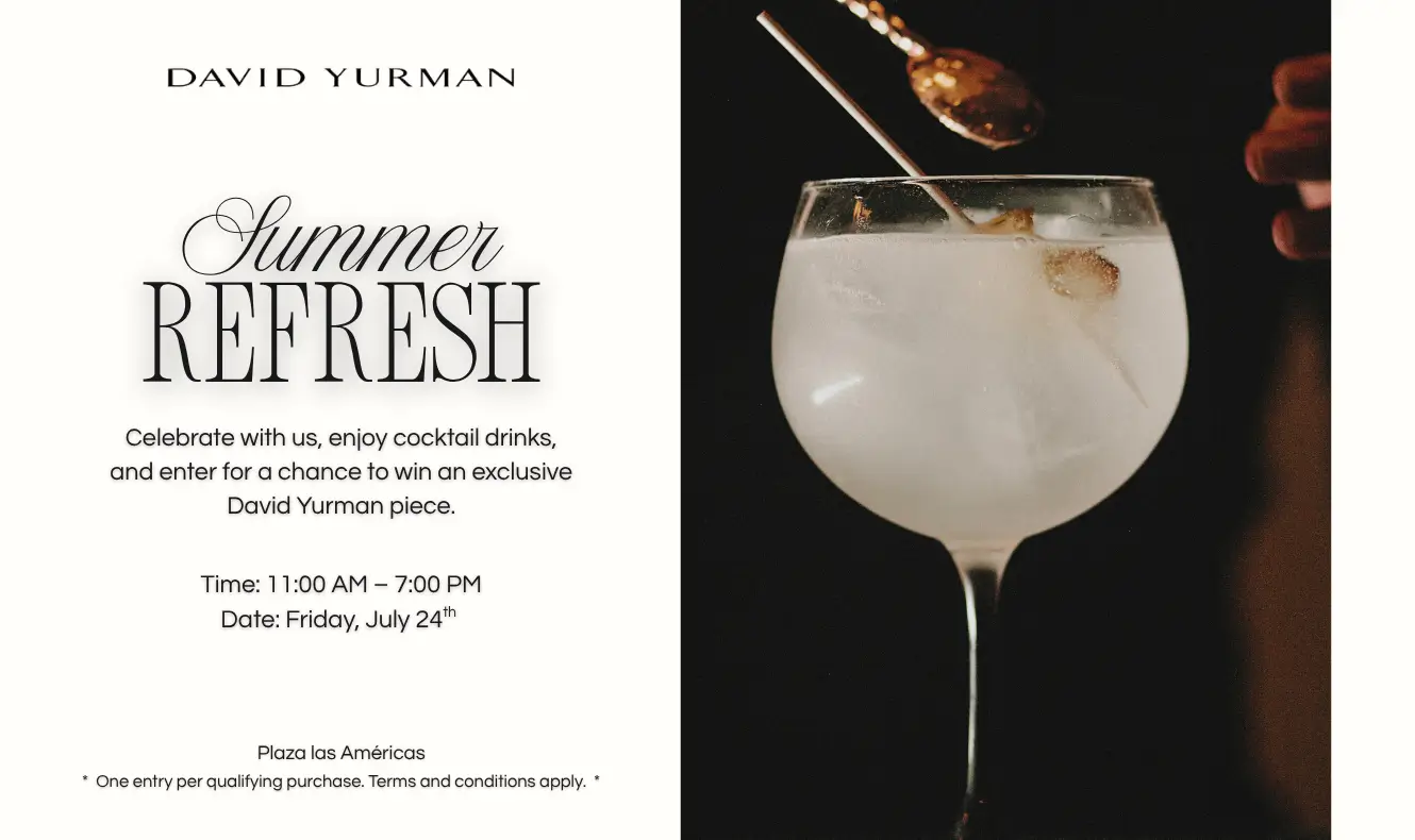 David Yurman "Summer Refresh" event invitation for July 24 at Plaza Las Américas, featuring a cocktail garnished with a gold spoon and citrus in a stemmed glass.