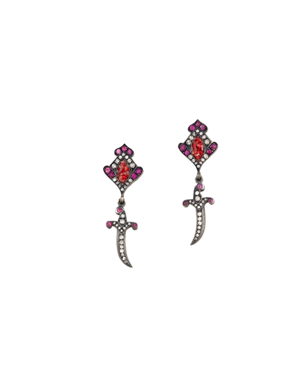Sevan's 24KYG and Sterling Silver Dagger Drop Earrings with Diamonds and Pink Sapphires
