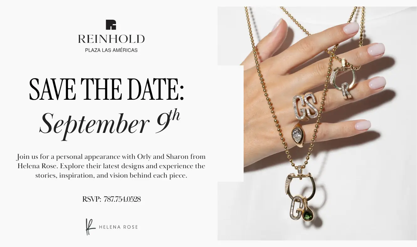Hand wearing layered gold necklaces and rings with diamond initial pendants and gemstone charms by Helena Rose, promoting Reinhold Plaza Las Américas trunk show event on September 9th