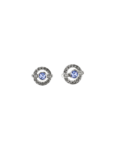 Icon Stud Earrings, Sterling Silver, Diamonds, Tanzanite