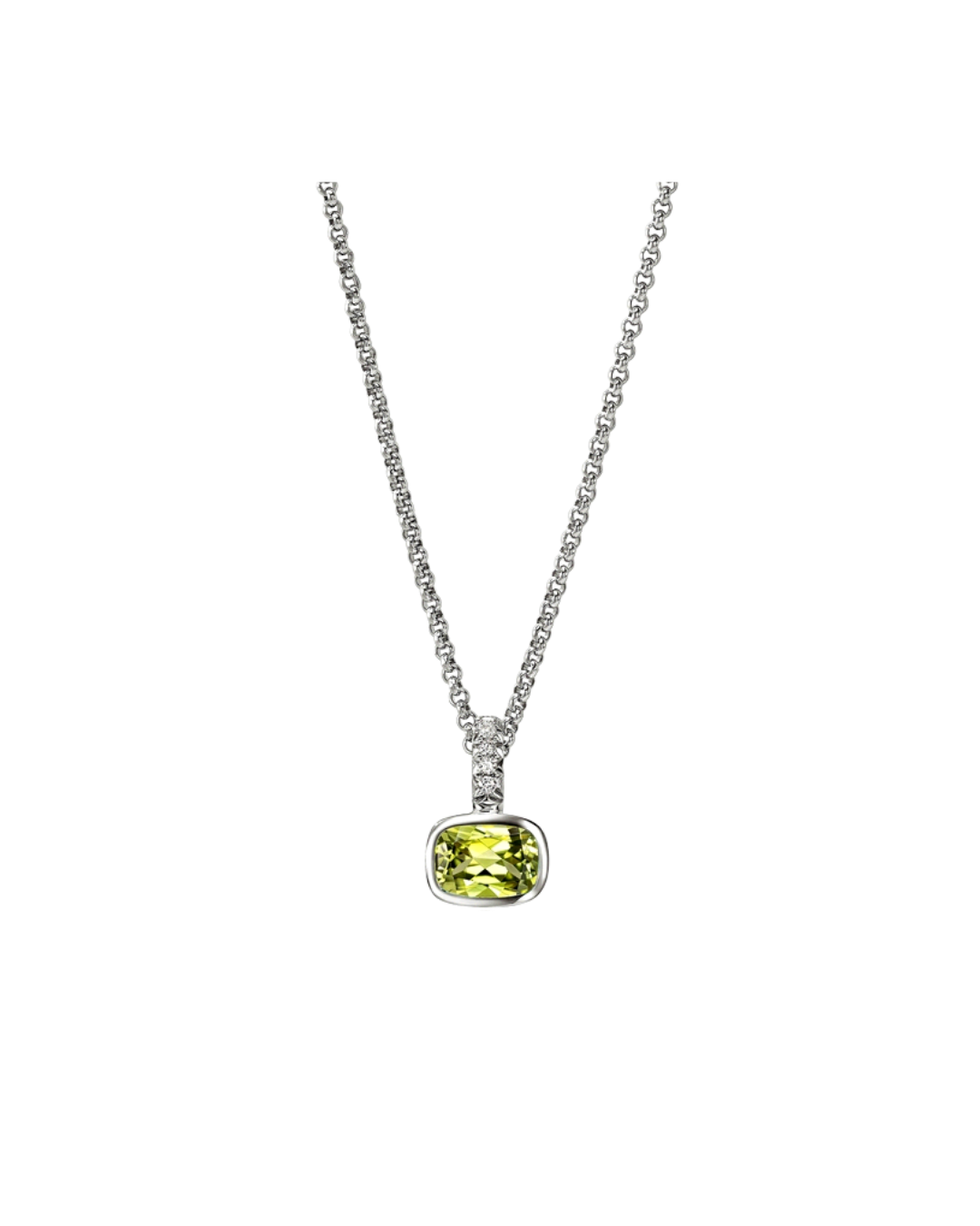 Heishi Silver Diamond Pave with 7x5mm Peridot Pendant on Rolo Chain 16""-18""