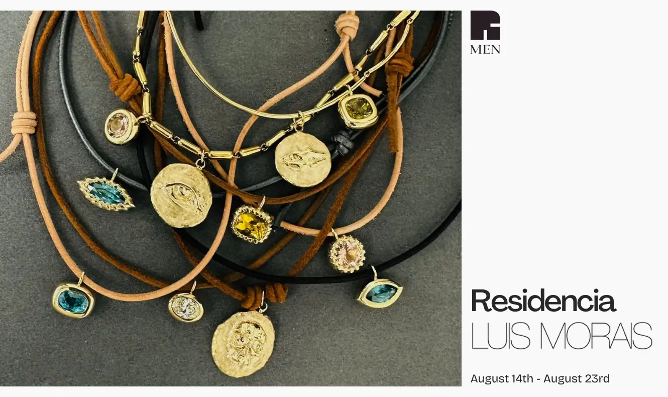 Luis Morais men's jewelry collection featuring layered leather and gold necklaces with gemstone charms, on display at Reinhold Men Plaza Las Américas residency event, August 14–23.