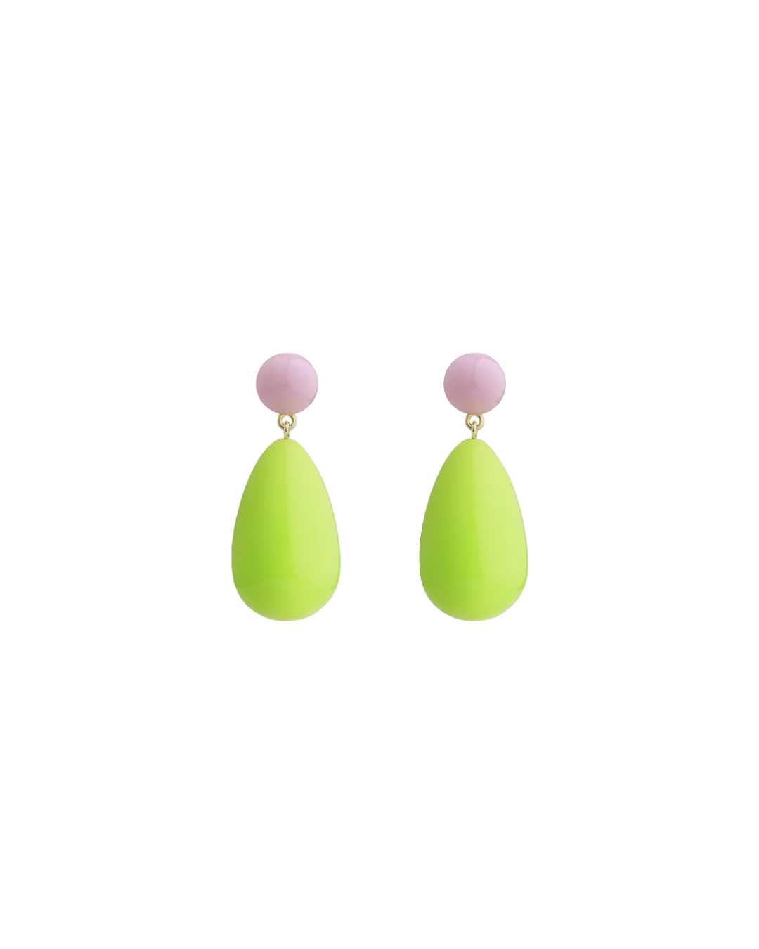 Eshvi's Large Drop Earrings in 18K Yellow Gold Plated Sterling Silver and Brass with Light Pink and Lime Green Enamel