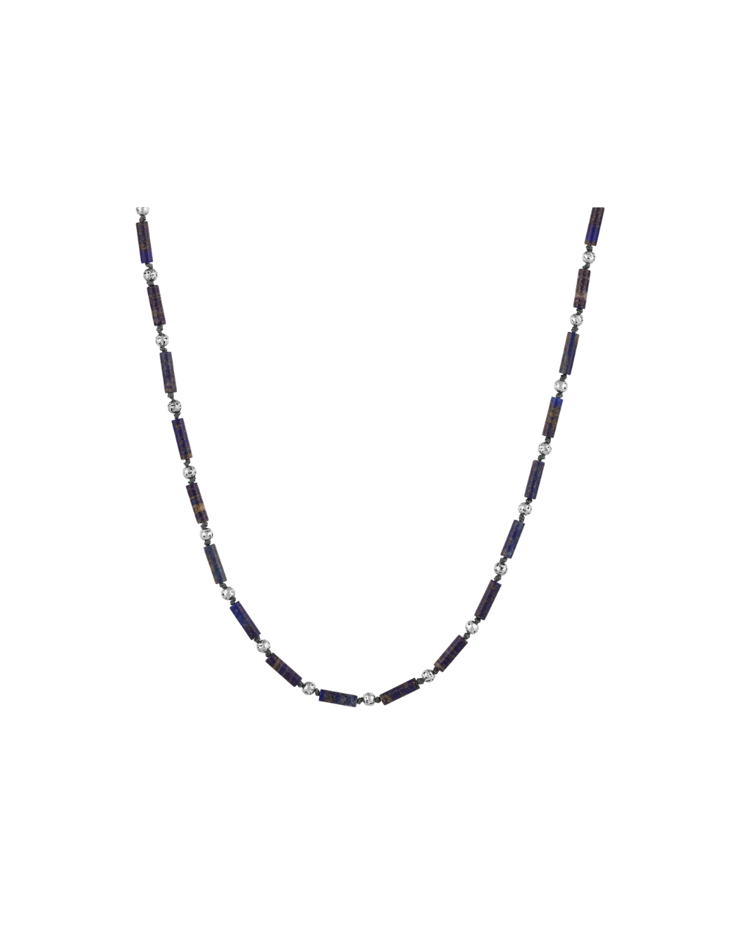 Sterling Silver Distressed Round Ball & Lapis Tube Bead Necklace 24"