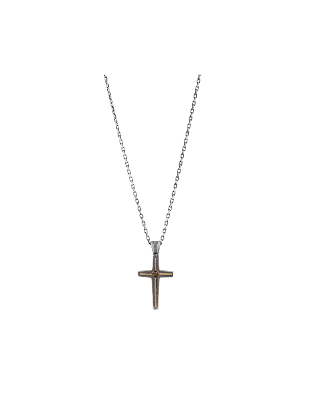 Sterling Silver & Brass Cross Pendant Necklace with Black Diamond