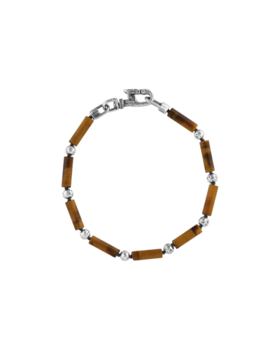 Sterling Silver Distressed Round Ball & Tiger Eye Tube Bead Bracelet