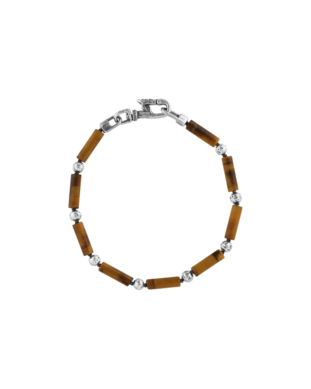 Sterling Silver Distressed Round Ball & Tiger Eye Tube Bead Bracelet