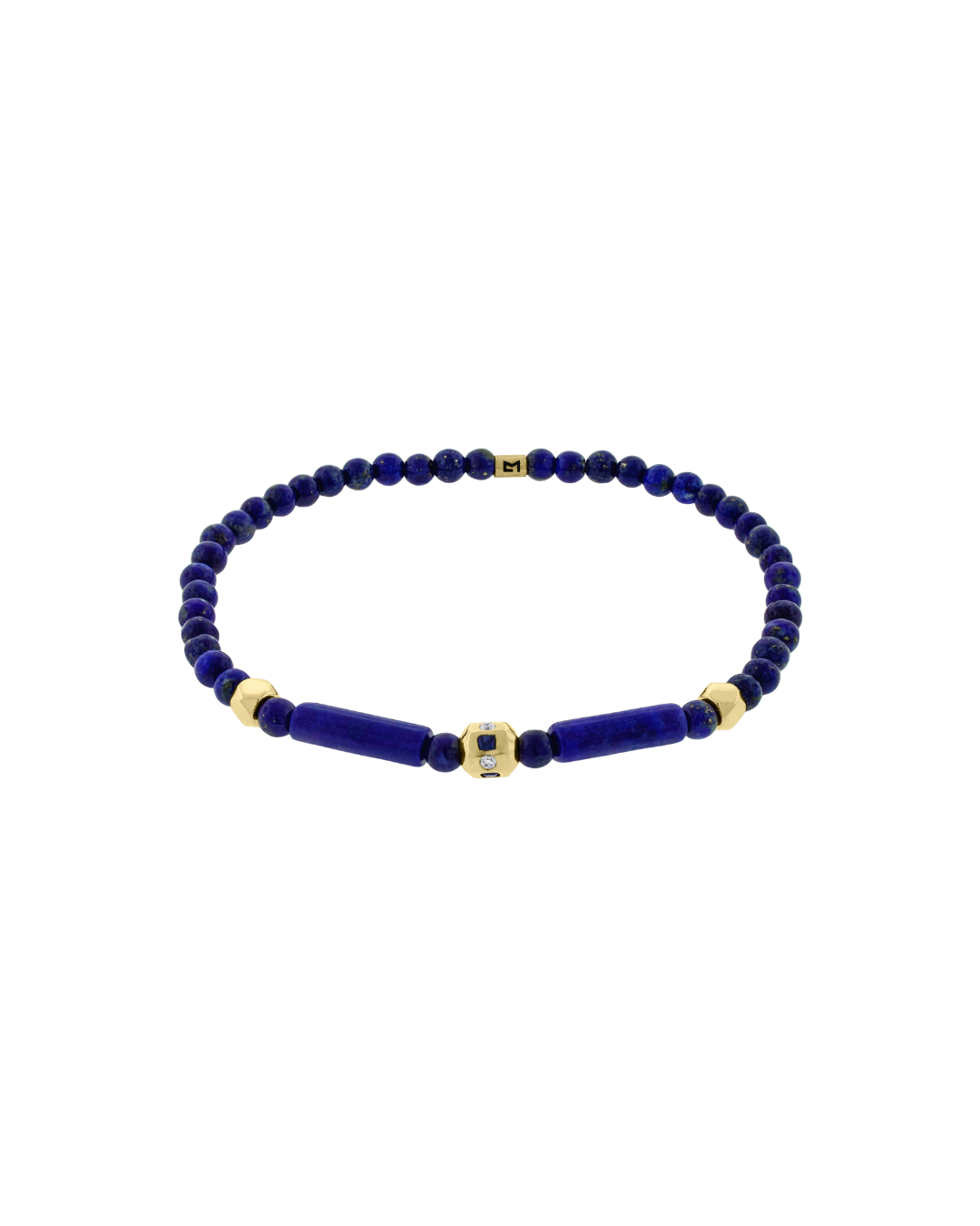Sapphire & Lapis Tetra Bead Bracelet with Diamond Hexagon Accents in 14K Yellow Gold
