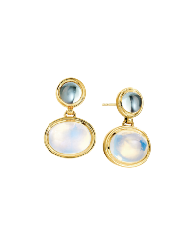 Syna's 18KYG Cirra Oval Moon Drop Earrings with Moon Quartz and Blue Topaz