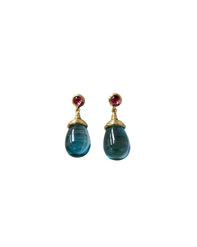 Blue Topaz & Ruby Drop Earrings, 18KYG