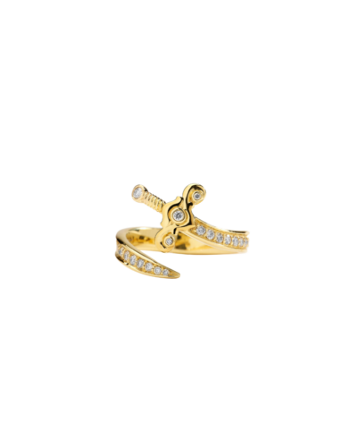 SYNA'S 18KYG Golden Sword Ring with Diamonds and Emeralds