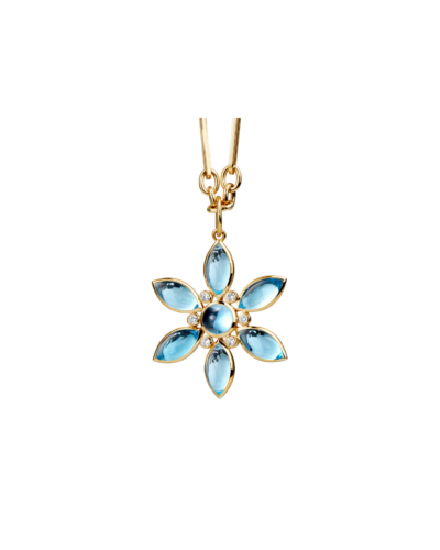Blue Topaz & Diamond Flower Pendant, 18KYG